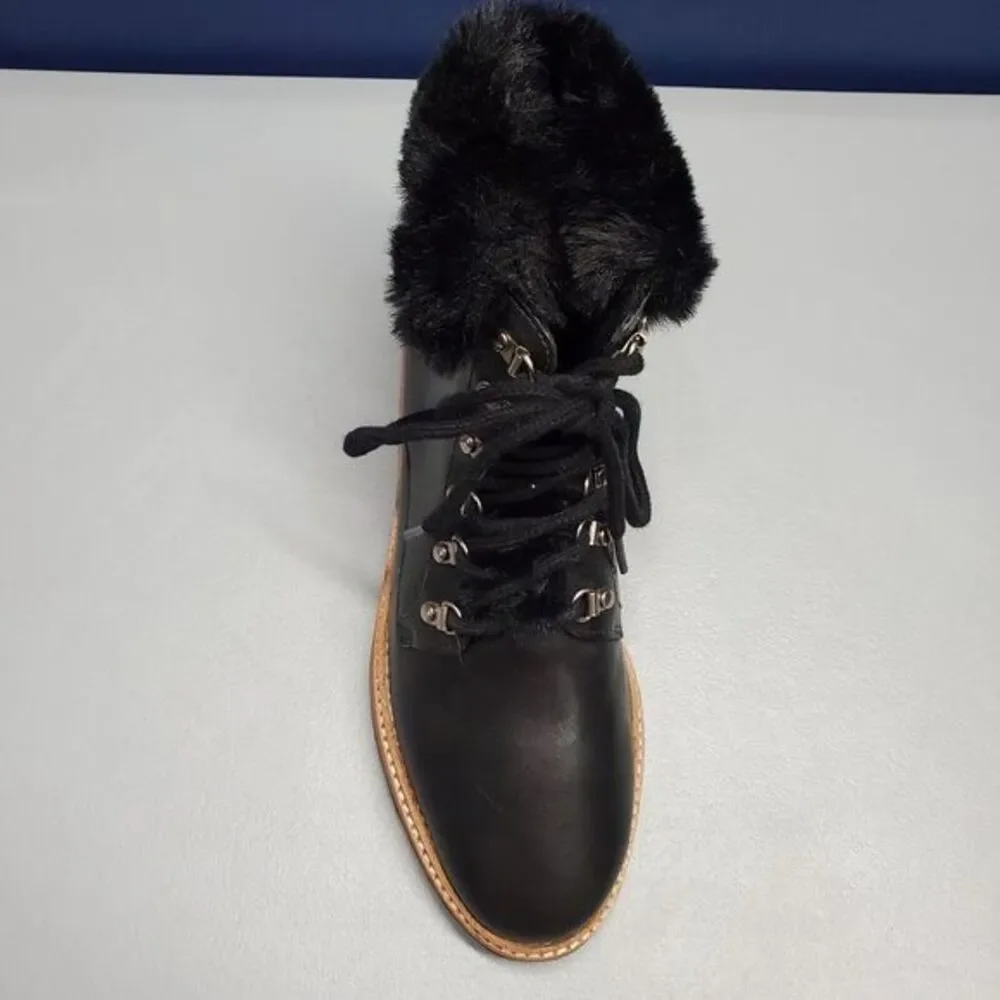 Botkier Winter Boots Women Size 7.5 Black Leather Faux Fur Trim Gum Sole Lace Up